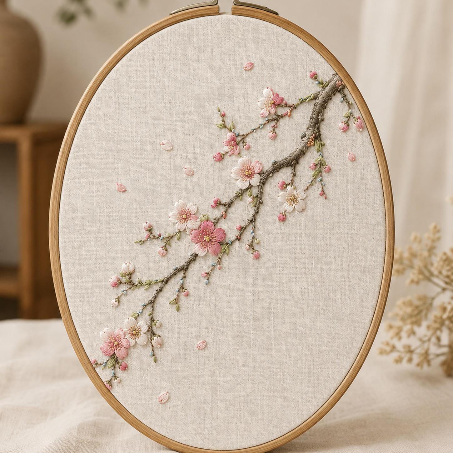 Japanese Plum Blossom Branch embroidered project idea for the digital hand embroidery pattern and stitch guide