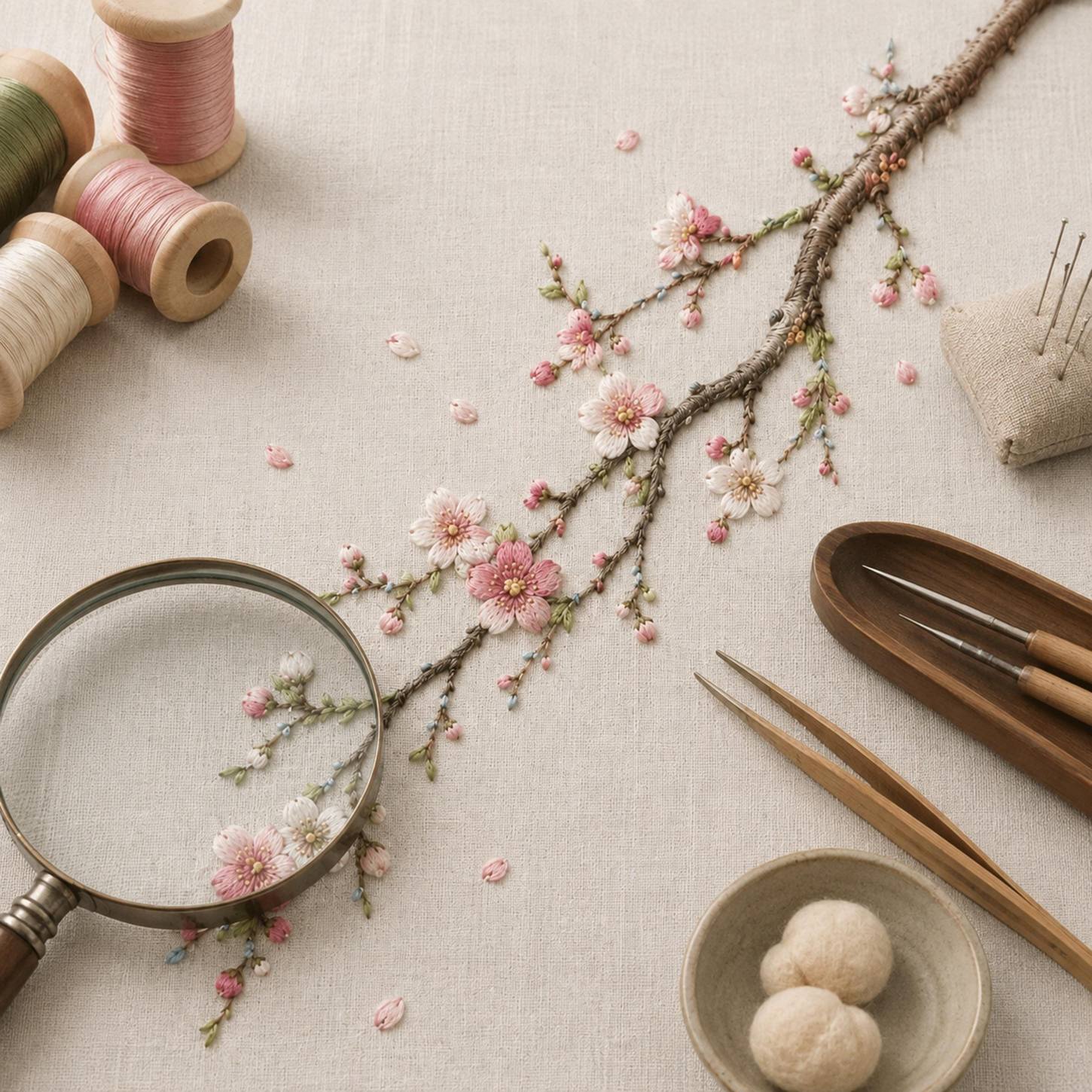 Japanese Plum Blossom Branch finished design flatlay for the digital hand embroidery pattern and stitch guide