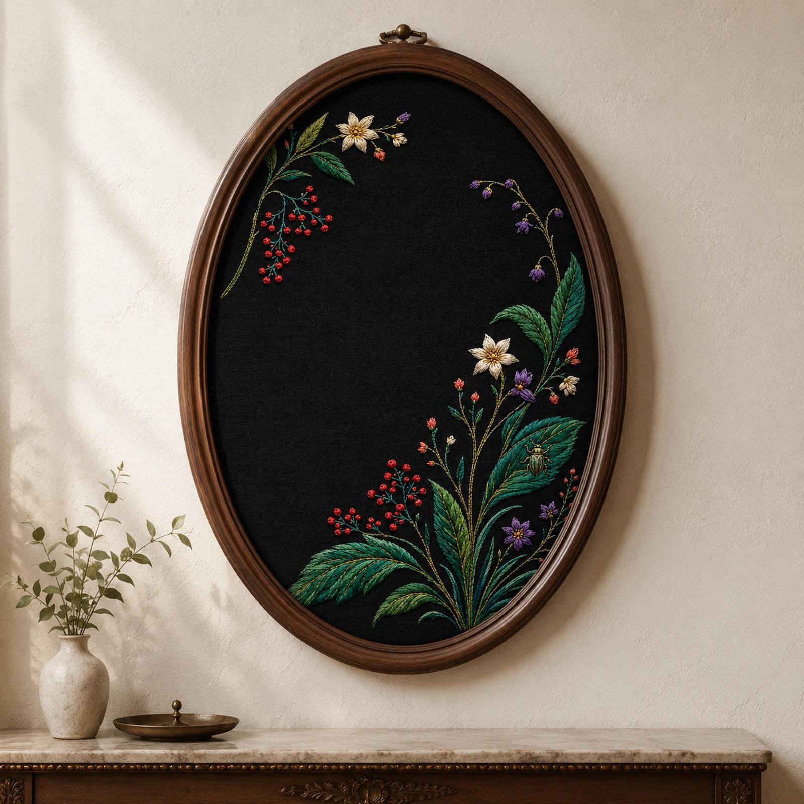 Jewel Botanical Black Linen finished hoop hero for the digital hand embroidery pattern and stitch guide