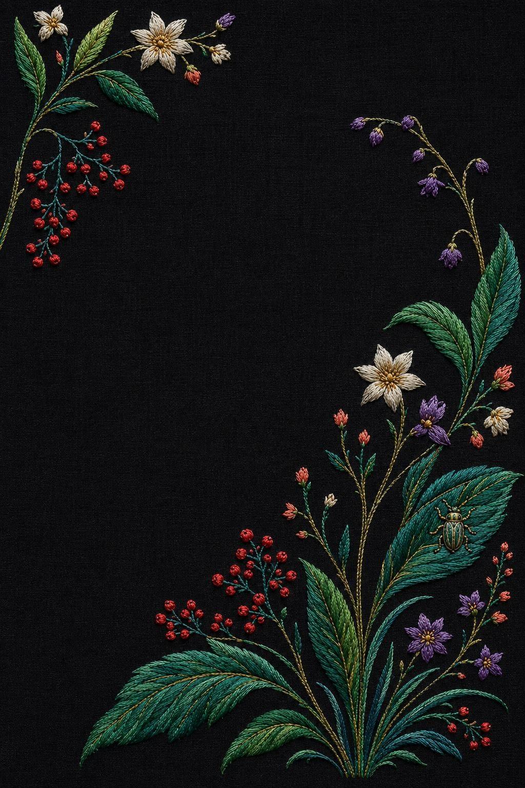 Jewel Botanical Black Linen finished embroidery reference for the digital hand embroidery pattern and stitch guide