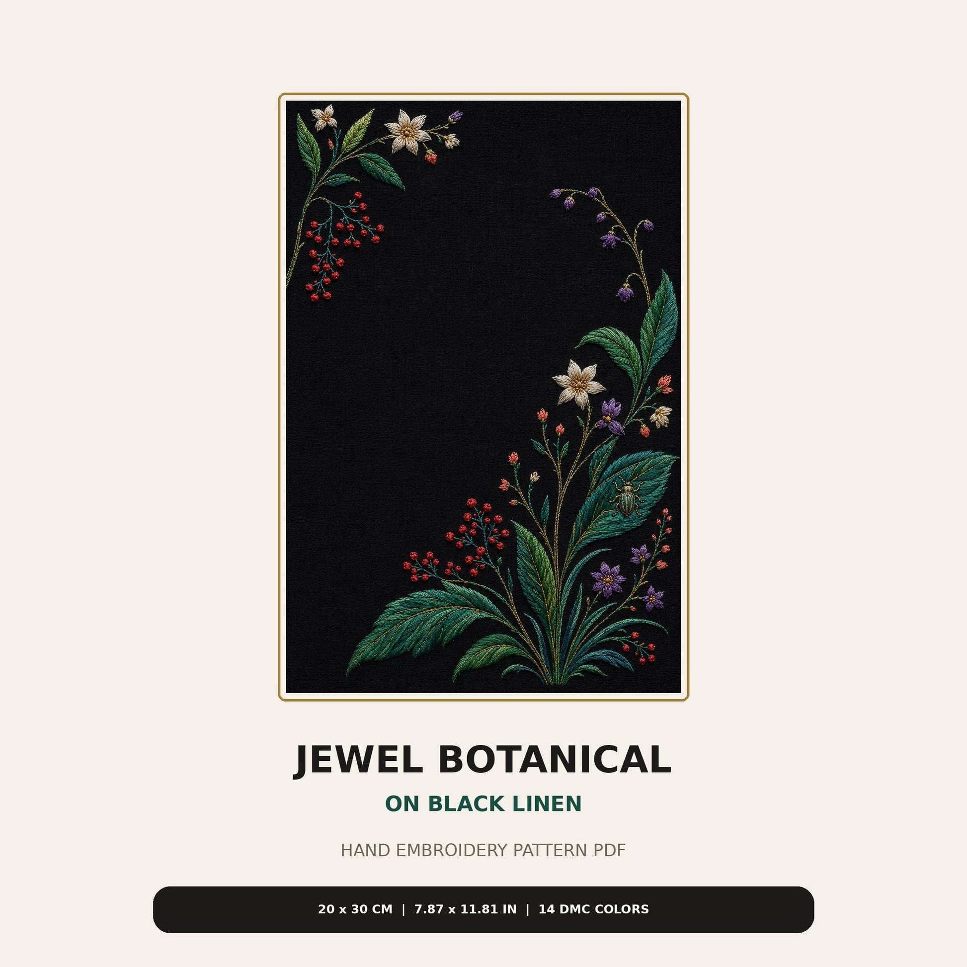 Jewel Botanical Black Linen pattern edition overview for the digital hand embroidery pattern and stitch guide