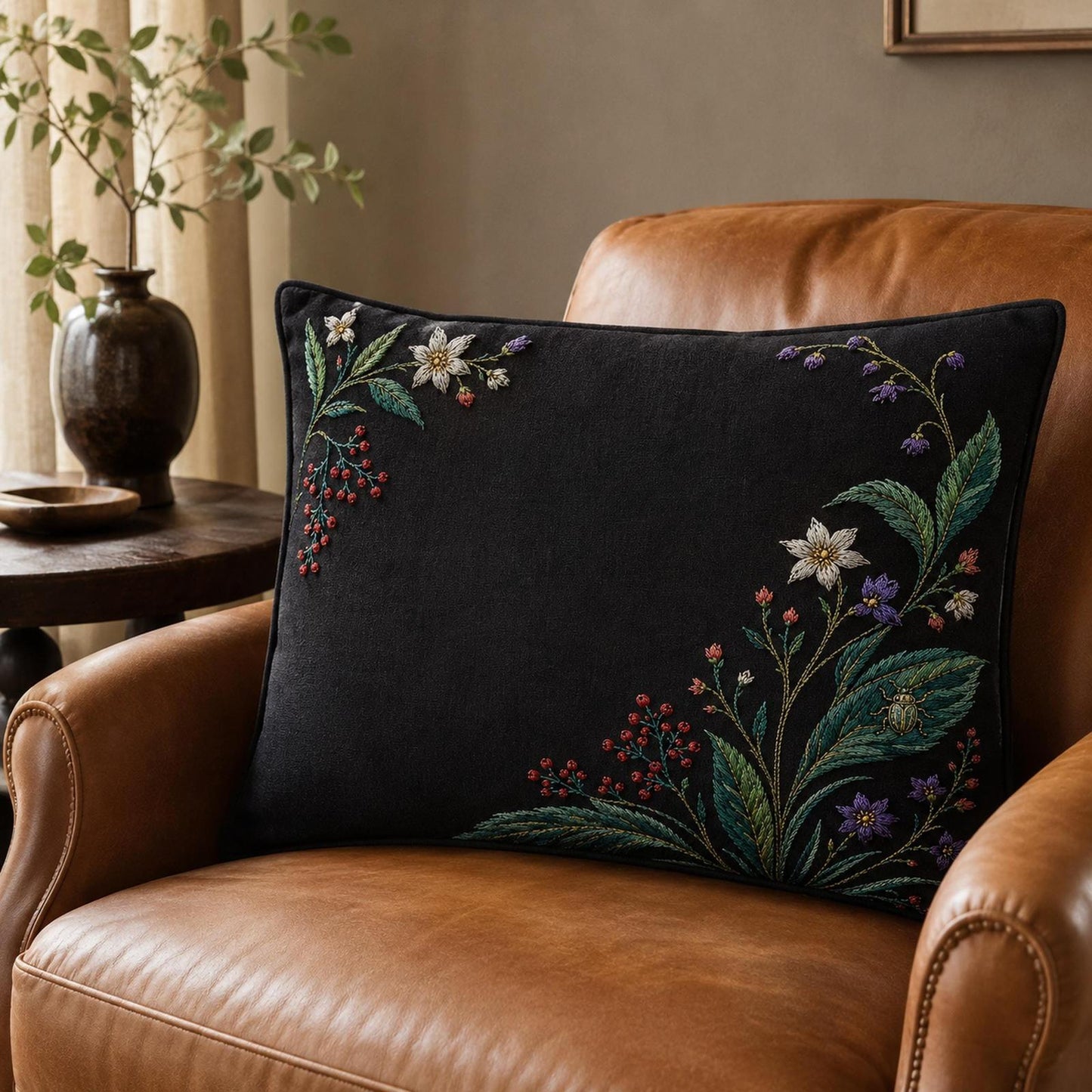 Jewel Botanical Black Linen embroidered project idea for the digital hand embroidery pattern and stitch guide