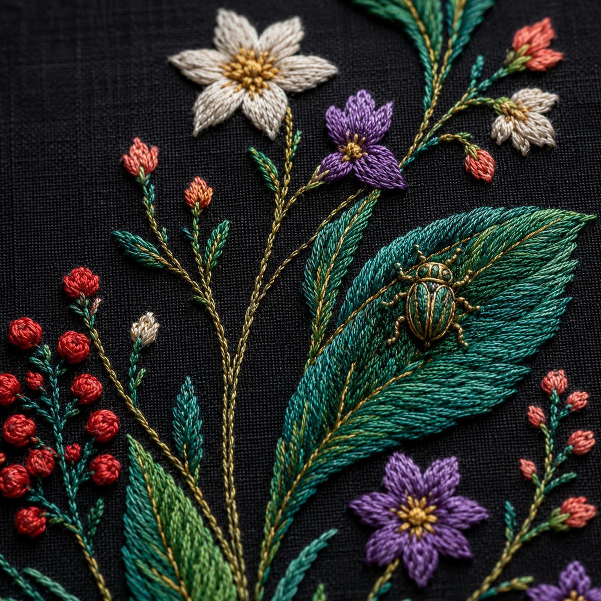 Jewel Botanical Black Linen stitch detail closeup for the digital hand embroidery pattern and stitch guide