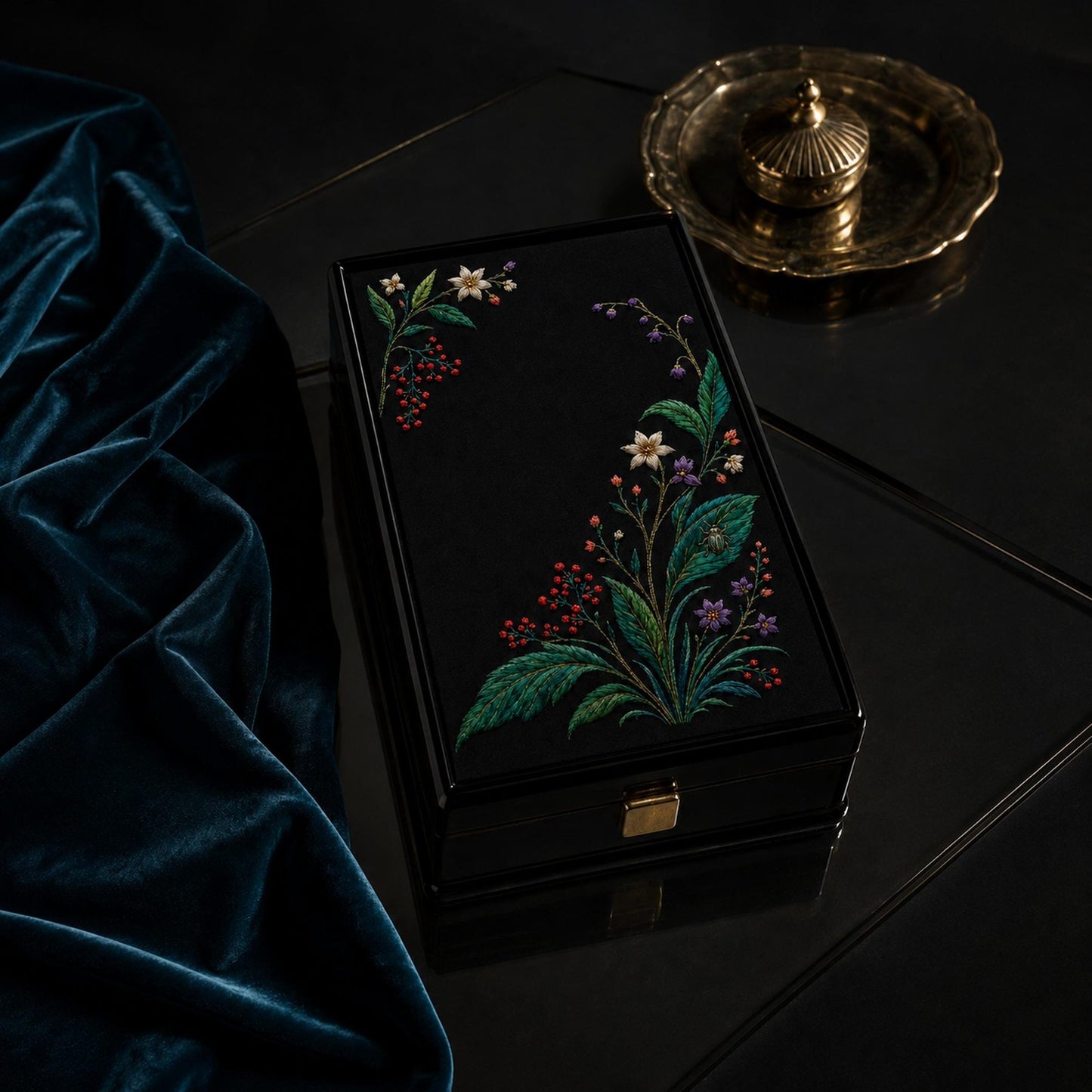 Jewel Botanical Black Linen framed textile display for the digital hand embroidery pattern and stitch guide