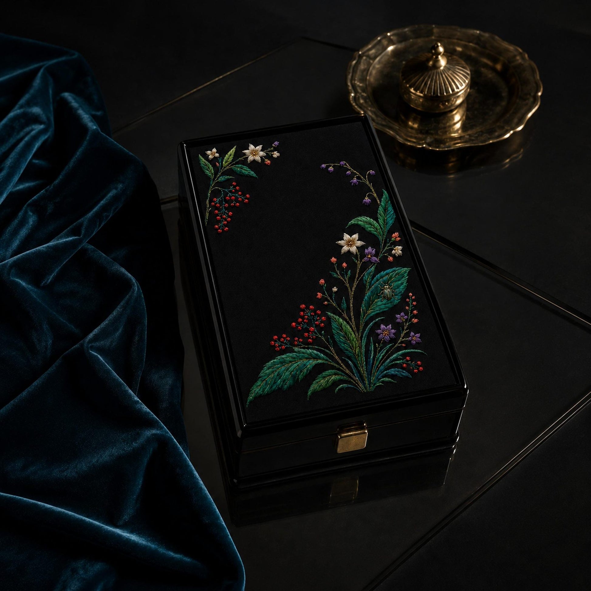 Jewel Botanical Black Linen framed textile display for the digital hand embroidery pattern and stitch guide