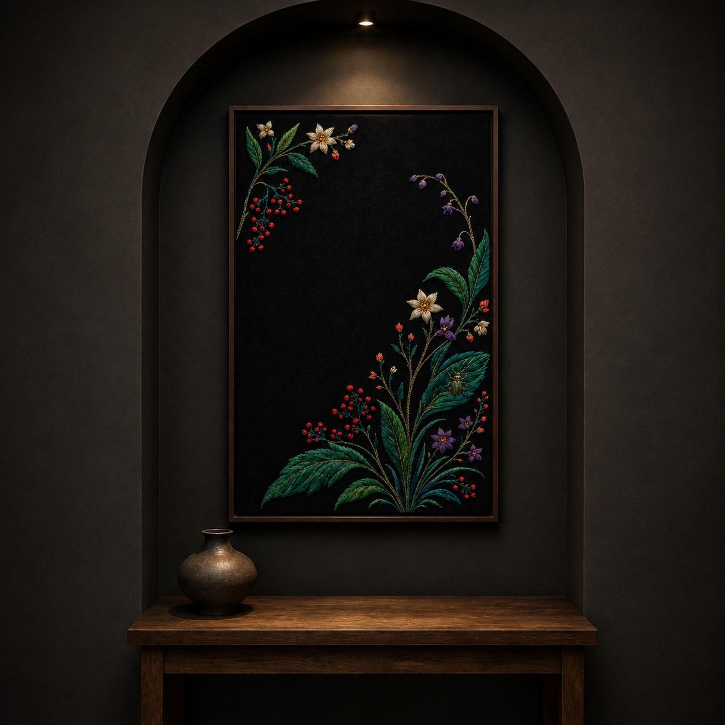 Jewel Botanical Black Linen embroidery portfolio display for the digital hand embroidery pattern and stitch guide