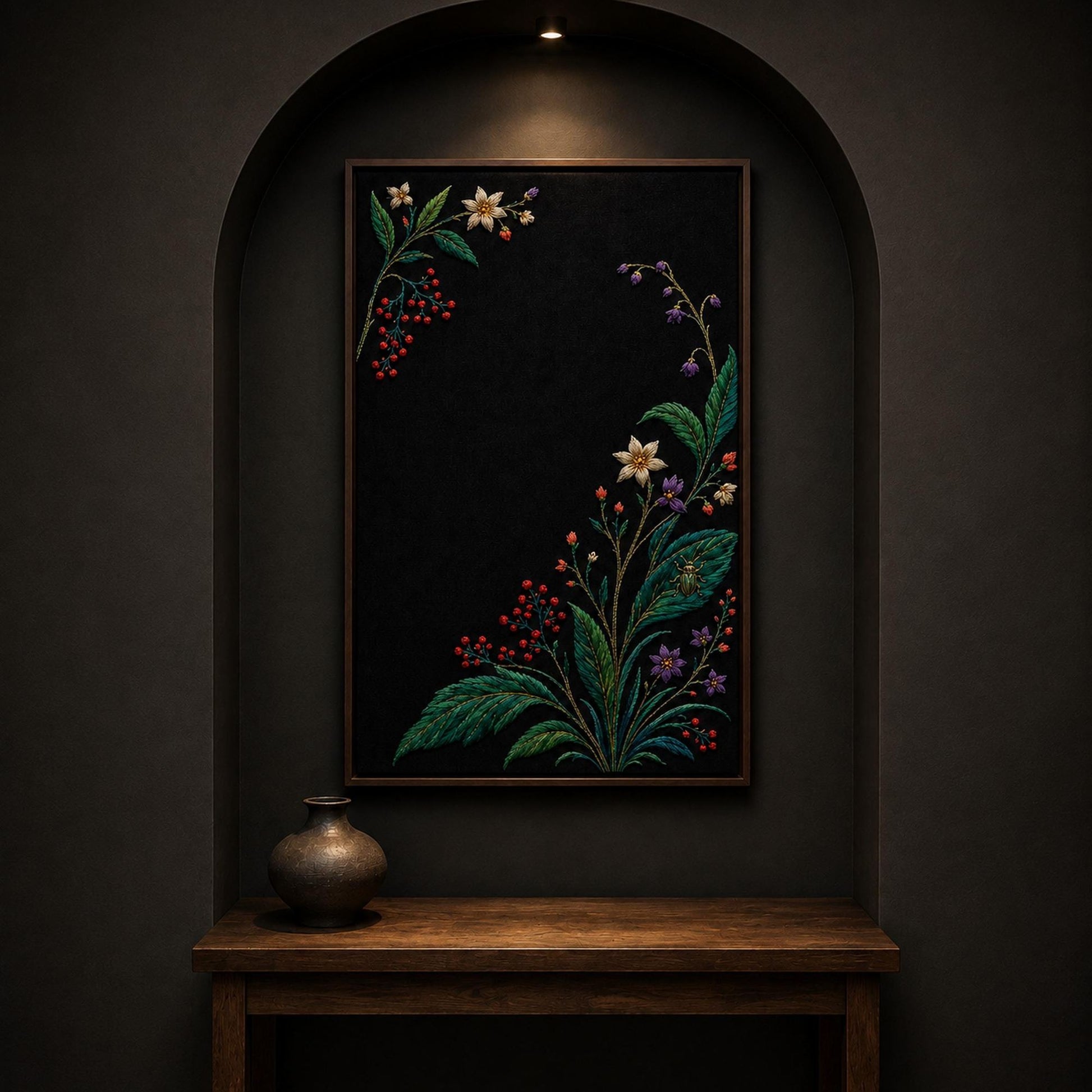 Jewel Botanical Black Linen embroidery portfolio display for the digital hand embroidery pattern and stitch guide