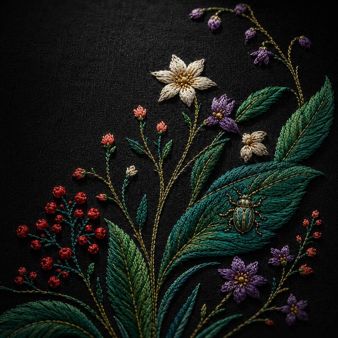 Jewel Botanical Black Linen finished design flatlay for the digital hand embroidery pattern and stitch guide