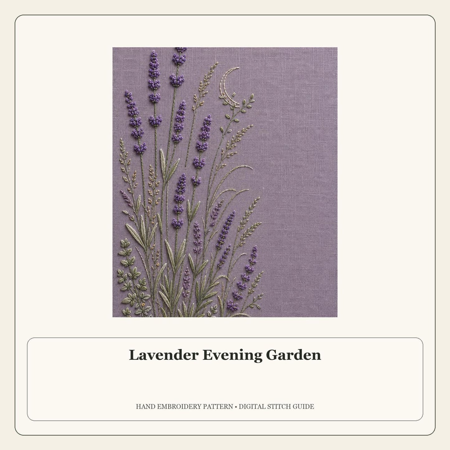 Lavender Evening Garden stitch guide cover for the digital hand embroidery pattern and stitch guide