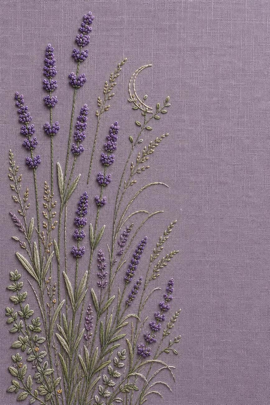 Lavender Evening Garden finished embroidery reference for the digital hand embroidery pattern and stitch guide