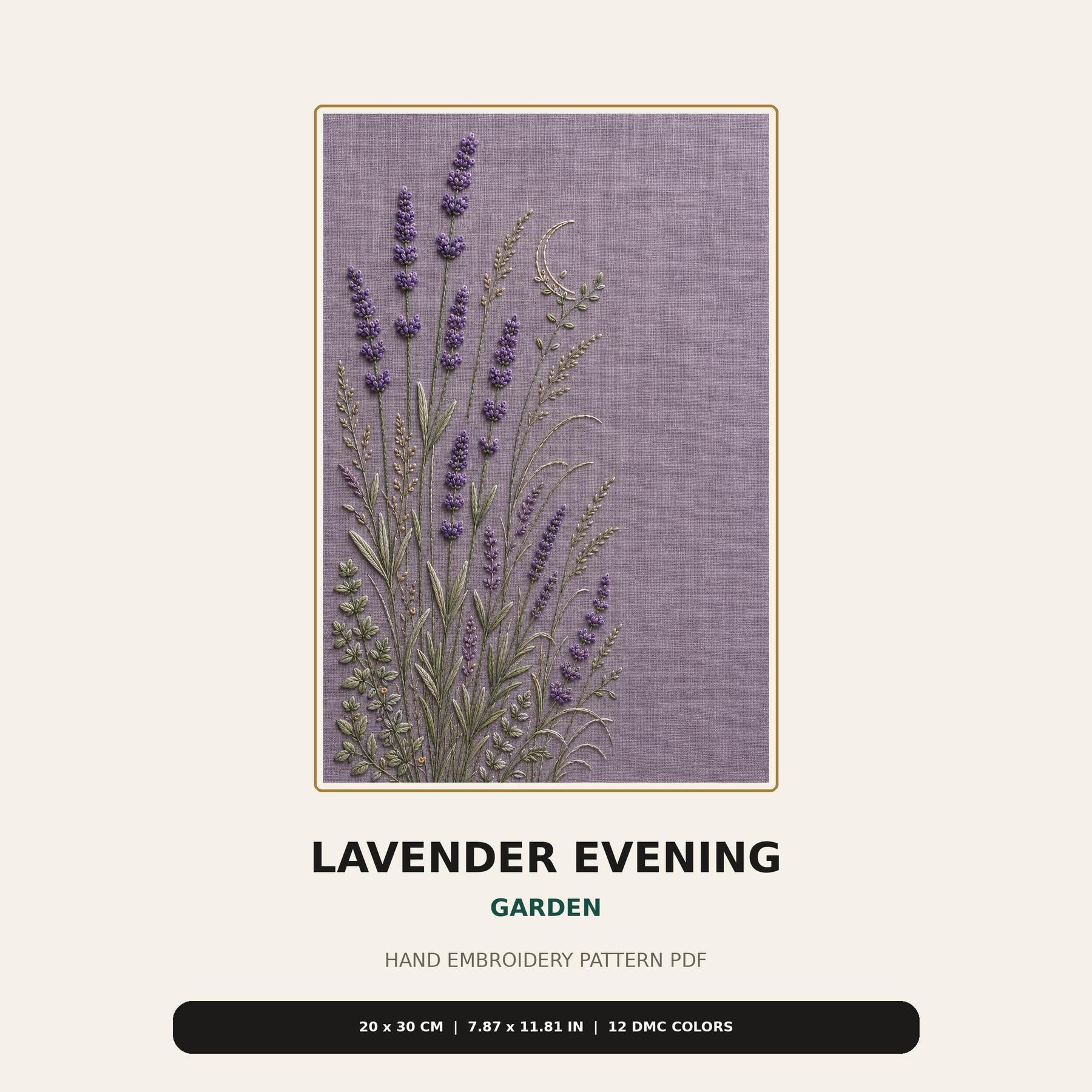 Lavender Evening Garden pattern edition overview for the digital hand embroidery pattern and stitch guide