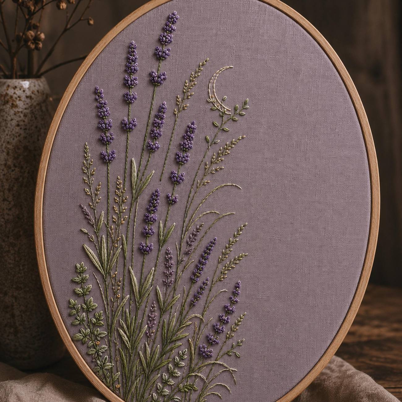 Lavender Evening Garden embroidered project idea for the digital hand embroidery pattern and stitch guide