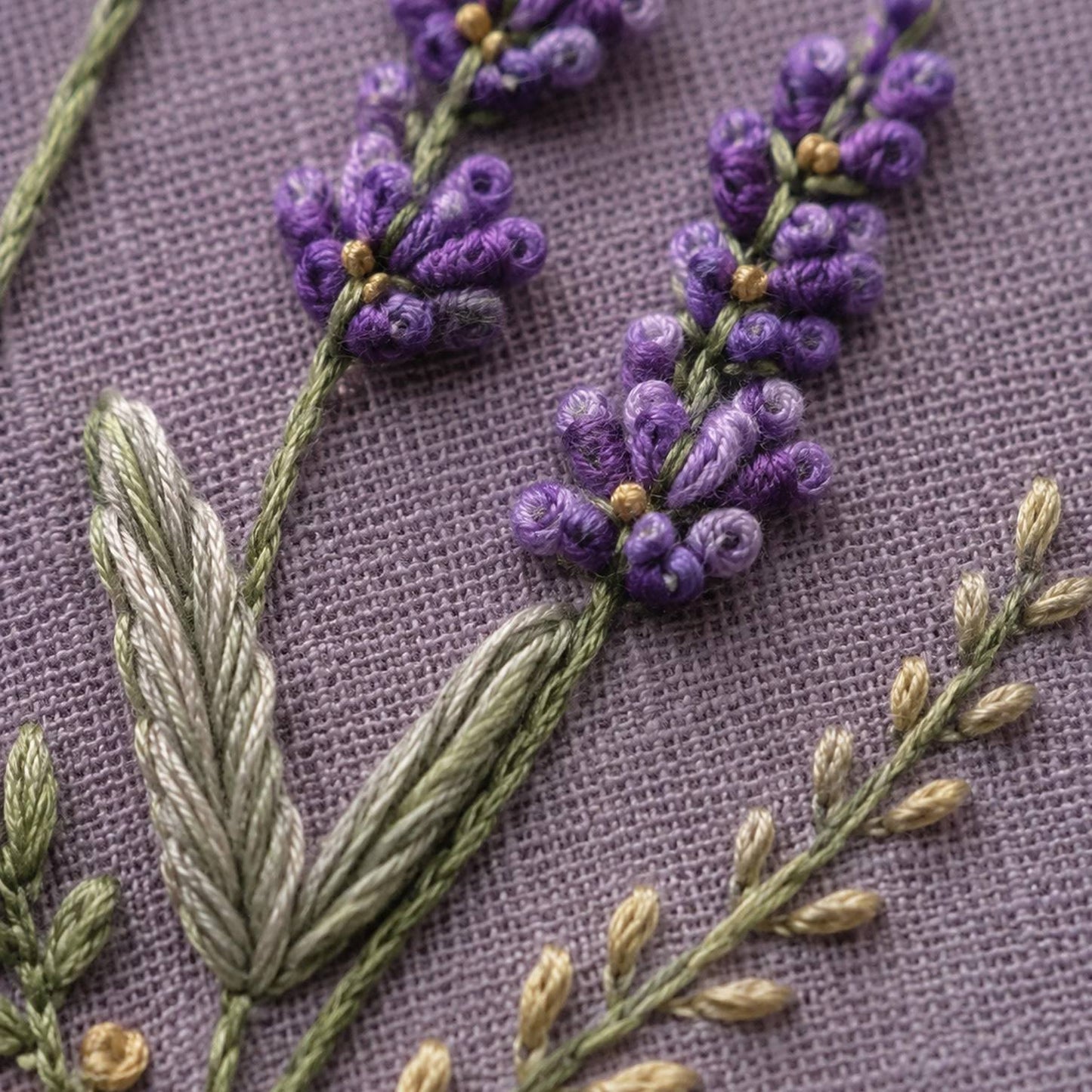 Lavender Evening Garden stitch detail closeup for the digital hand embroidery pattern and stitch guide