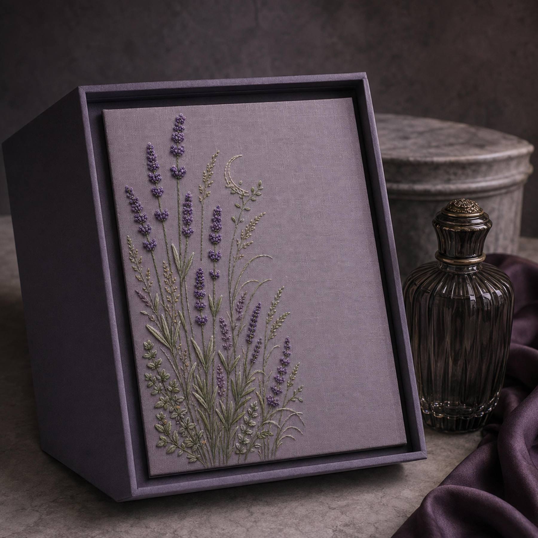 Lavender Evening Garden framed textile display for the digital hand embroidery pattern and stitch guide
