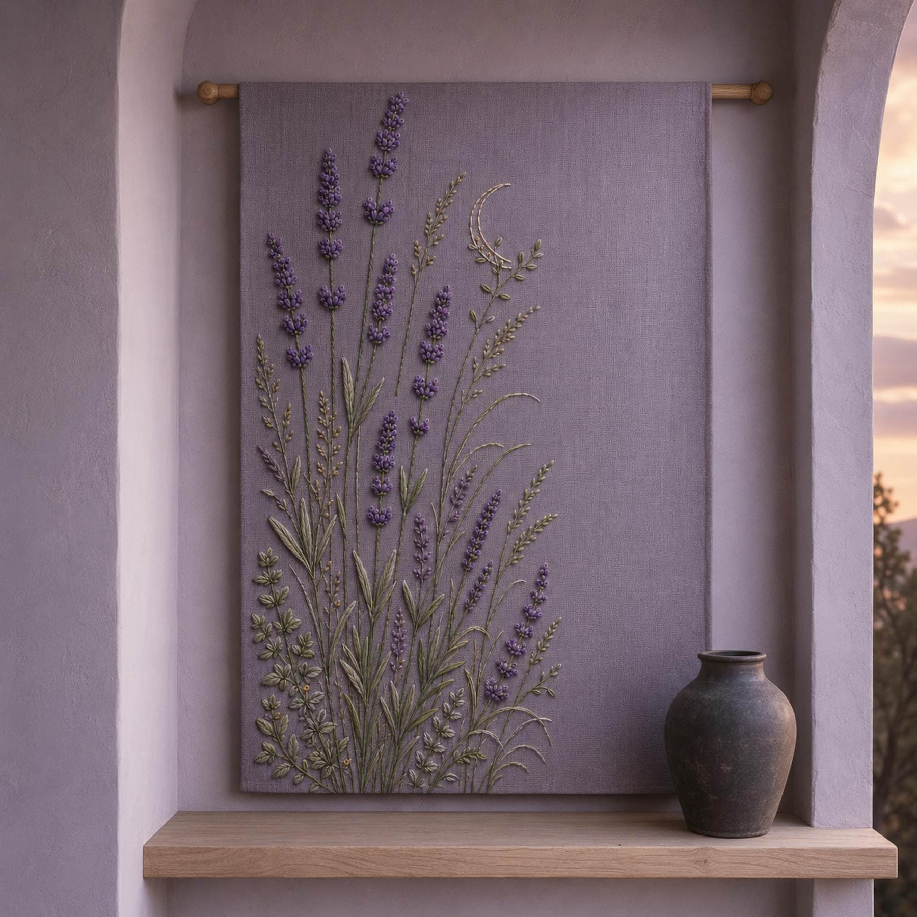 Lavender Evening Garden embroidery portfolio display for the digital hand embroidery pattern and stitch guide