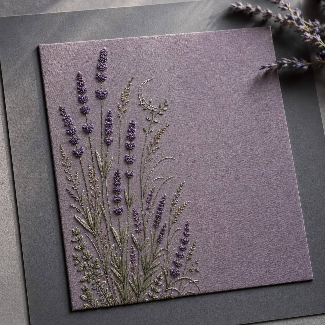 Lavender Evening Garden finished design flatlay for the digital hand embroidery pattern and stitch guide