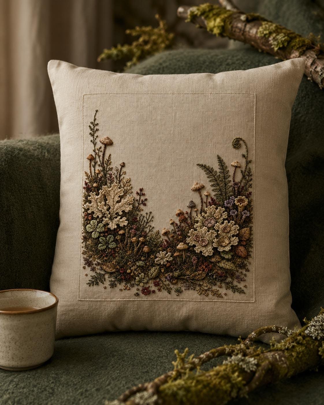 Lichen and Mushroom Mini Forest finished hoop hero for the digital hand embroidery pattern and stitch guide