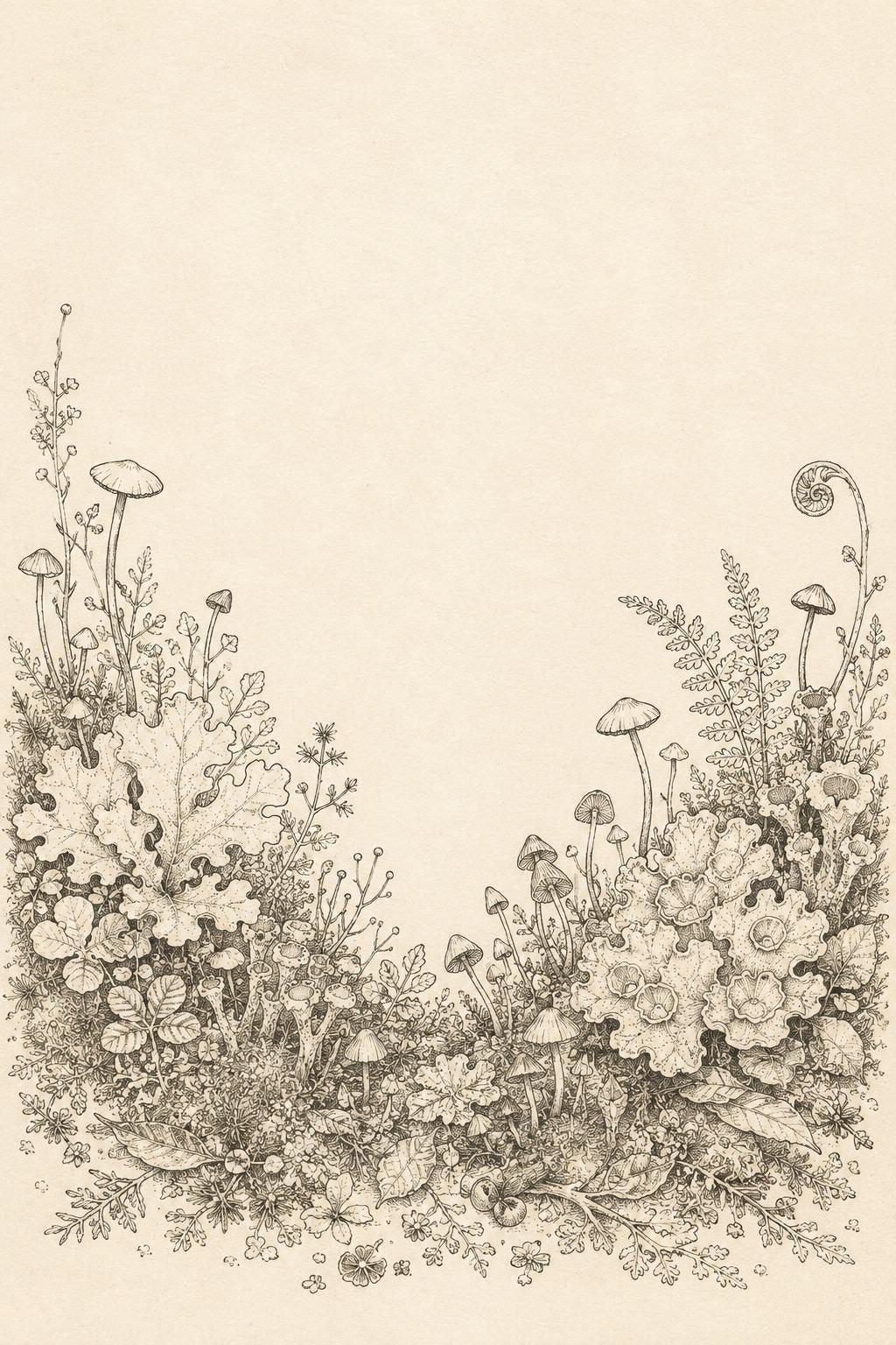 Lichen and Mushroom Mini Forest transfer linework preview for the digital hand embroidery pattern and stitch guide