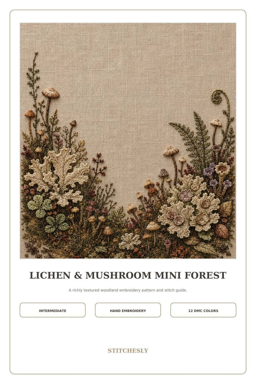 Lichen and Mushroom Mini Forest pattern edition overview for the digital hand embroidery pattern and stitch guide