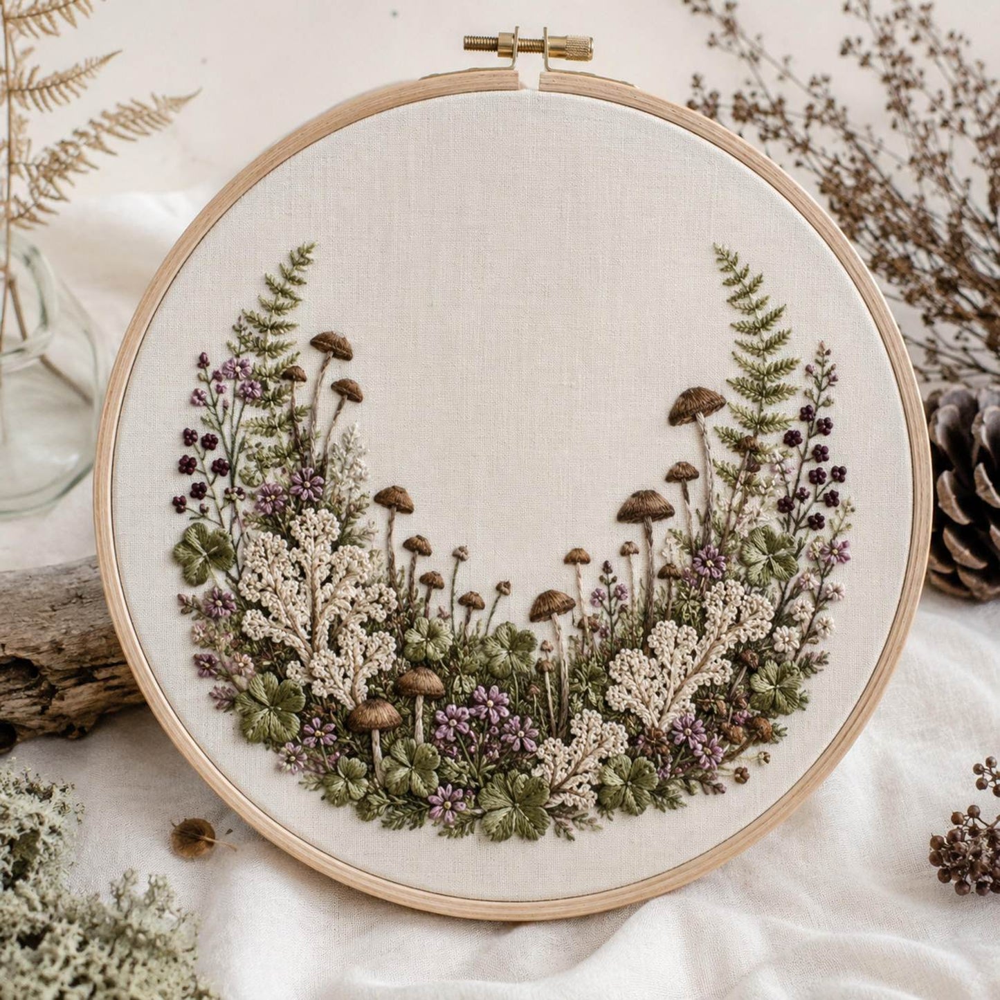 Lichen and Mushroom Mini Forest embroidered project idea for the digital hand embroidery pattern and stitch guide