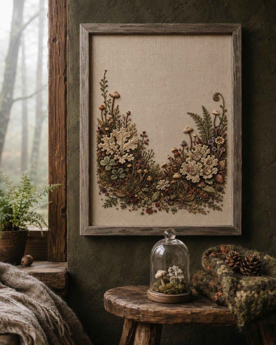 Lichen and Mushroom Mini Forest embroidery portfolio display for the digital hand embroidery pattern and stitch guide