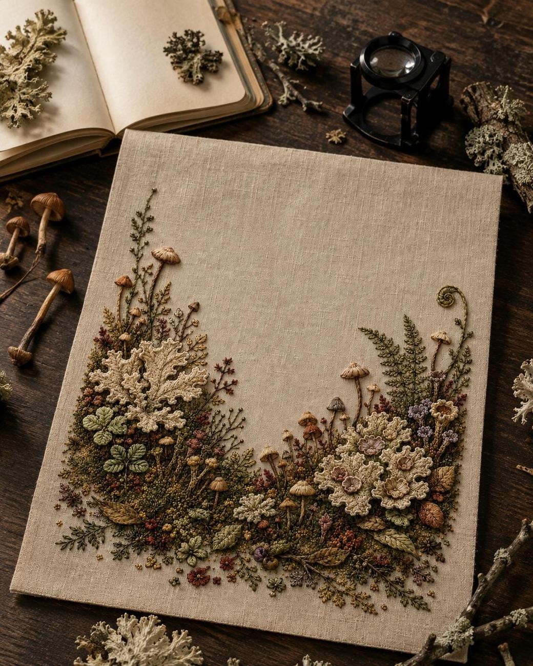Lichen and Mushroom Mini Forest finished design flatlay for the digital hand embroidery pattern and stitch guide