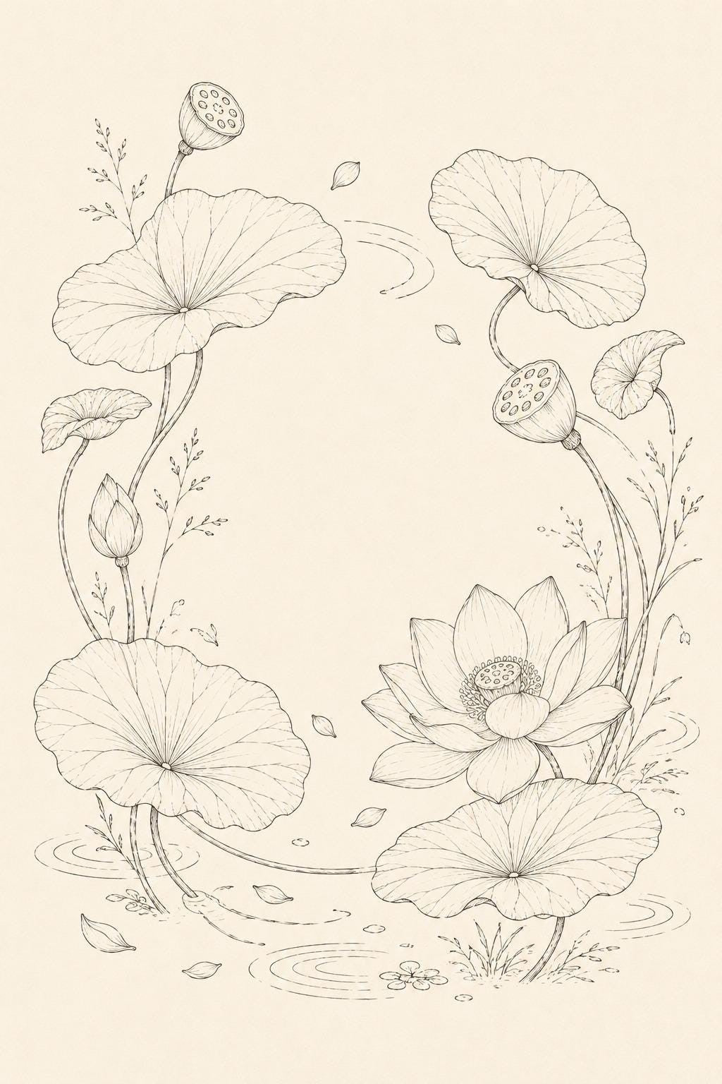 Lotus Seed Pod and Water Leaves transfer linework preview for the digital hand embroidery pattern and stitch guide