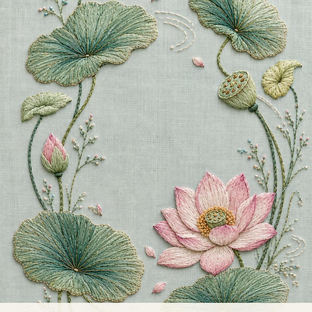 Lotus Seed Pod and Water Leaves pattern edition overview for the digital hand embroidery pattern and stitch guide