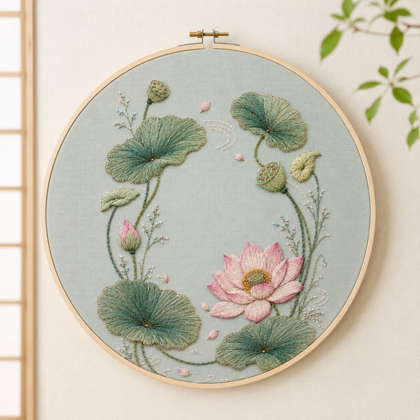Lotus Seed Pod and Water Leaves embroidered project idea for the digital hand embroidery pattern and stitch guide
