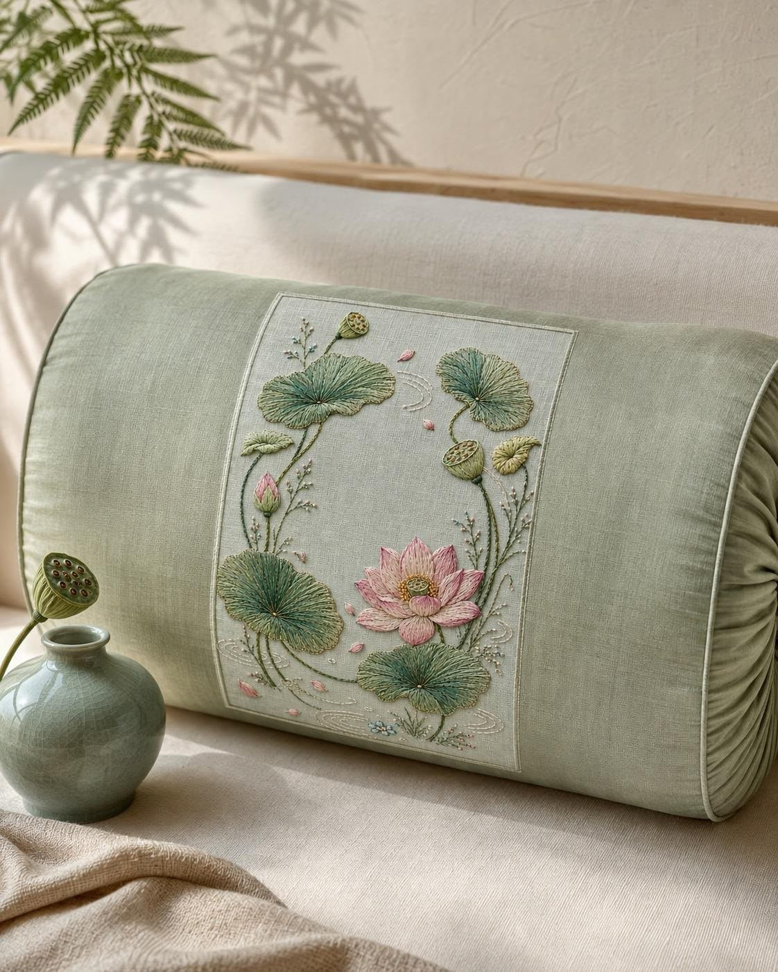 Lotus Seed Pod and Water Leaves embroidery portfolio display for the digital hand embroidery pattern and stitch guide