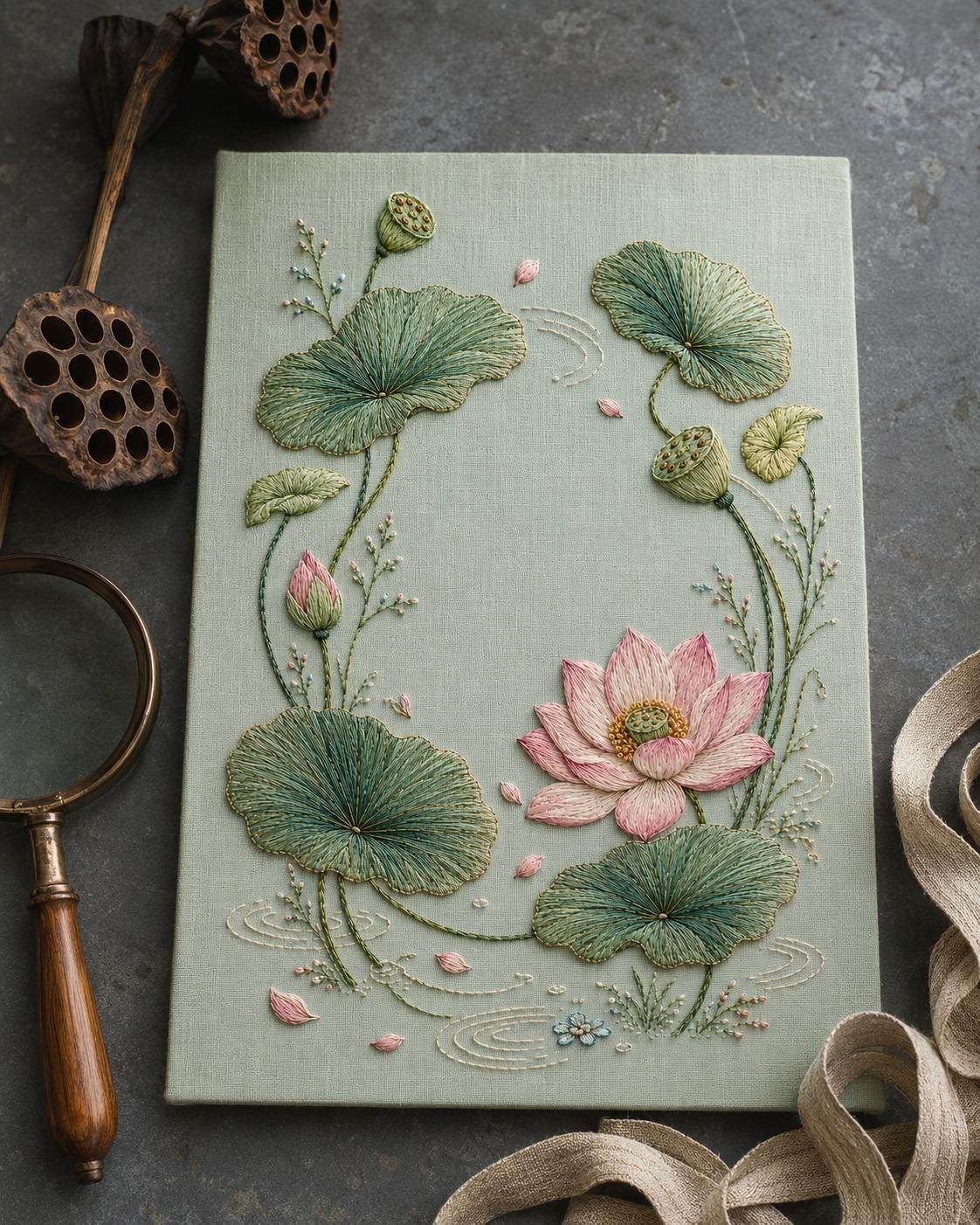 Lotus Seed Pod and Water Leaves finished design flatlay for the digital hand embroidery pattern and stitch guide