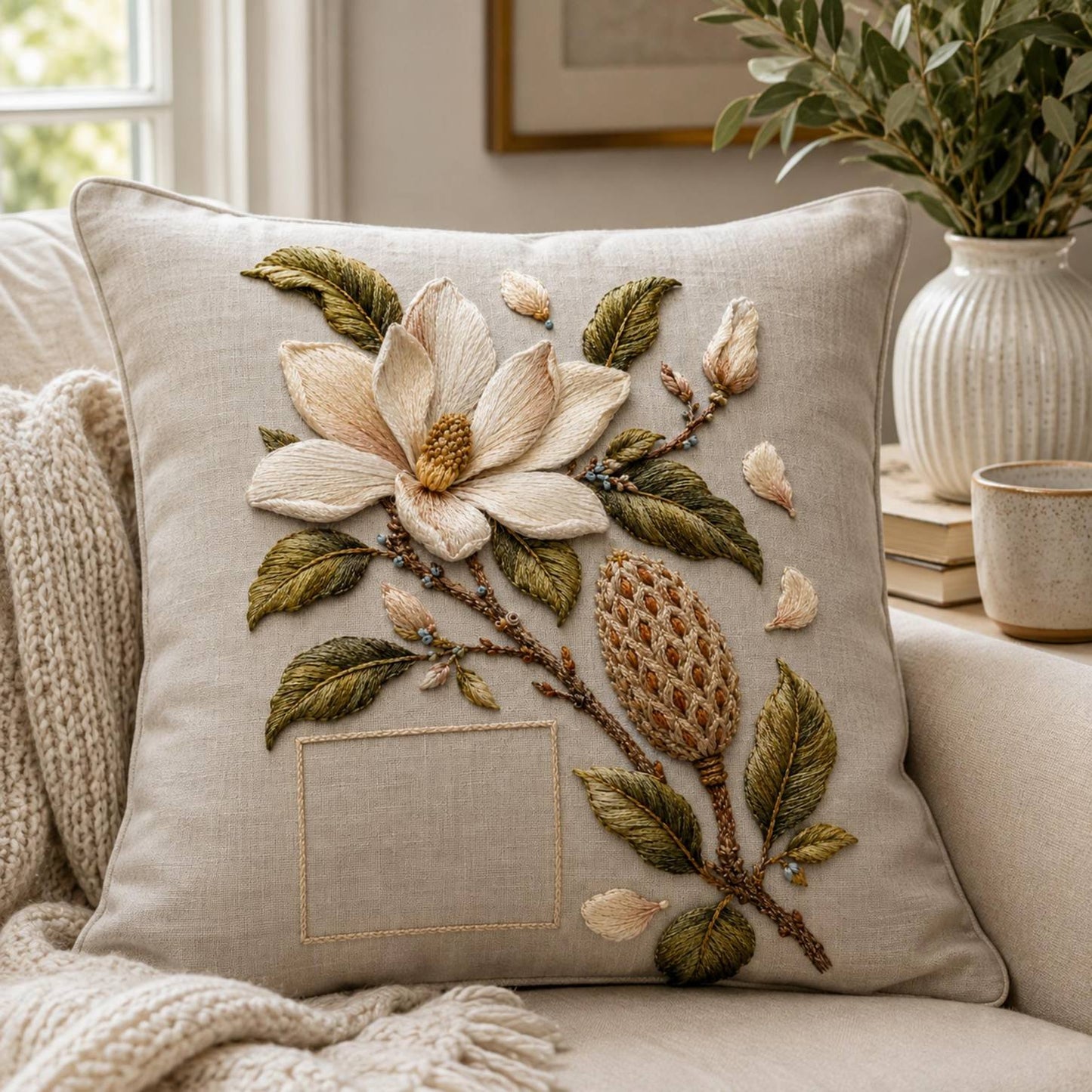 Magnolia Seed Cone Editorial finished hoop hero for the digital hand embroidery pattern and stitch guide