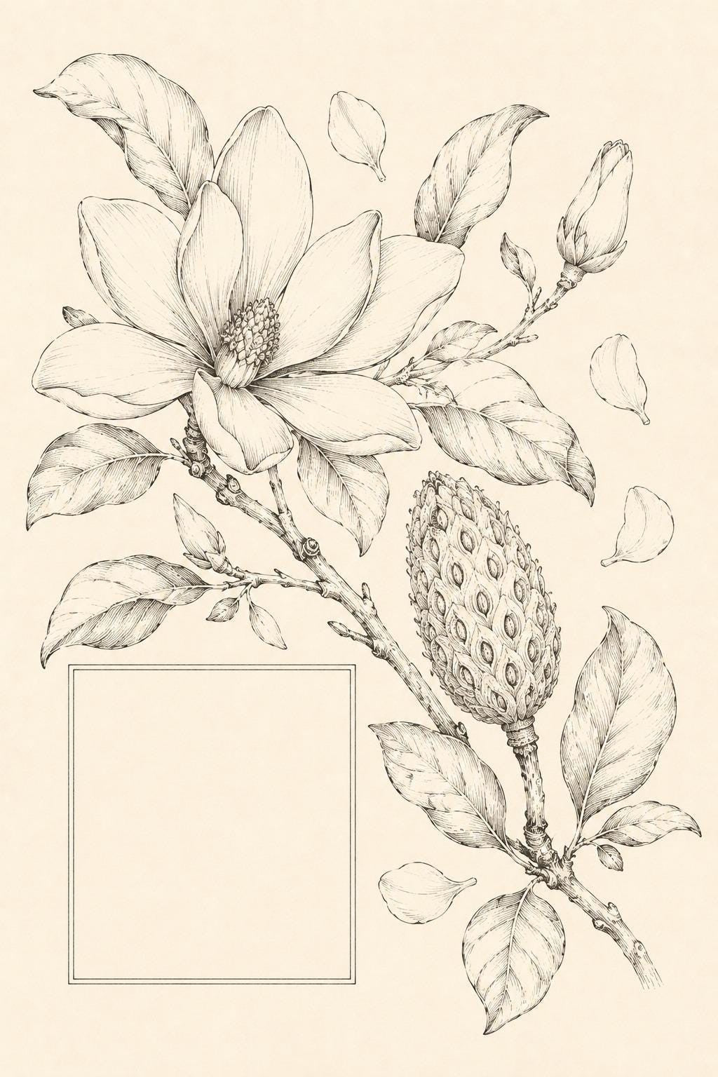 Magnolia Seed Cone Editorial transfer linework preview for the digital hand embroidery pattern and stitch guide