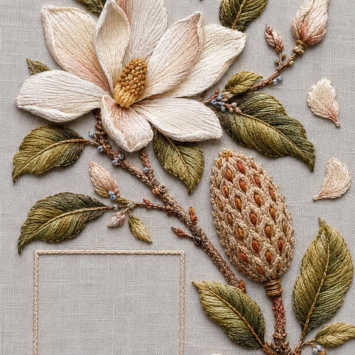 Magnolia Seed Cone Editorial embroidered project idea for the digital hand embroidery pattern and stitch guide
