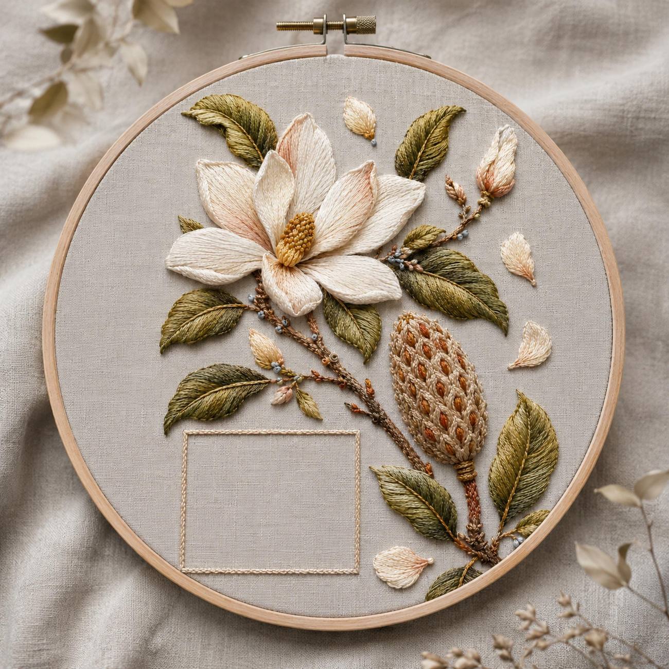 Magnolia Seed Cone Editorial stitch detail closeup for the digital hand embroidery pattern and stitch guide