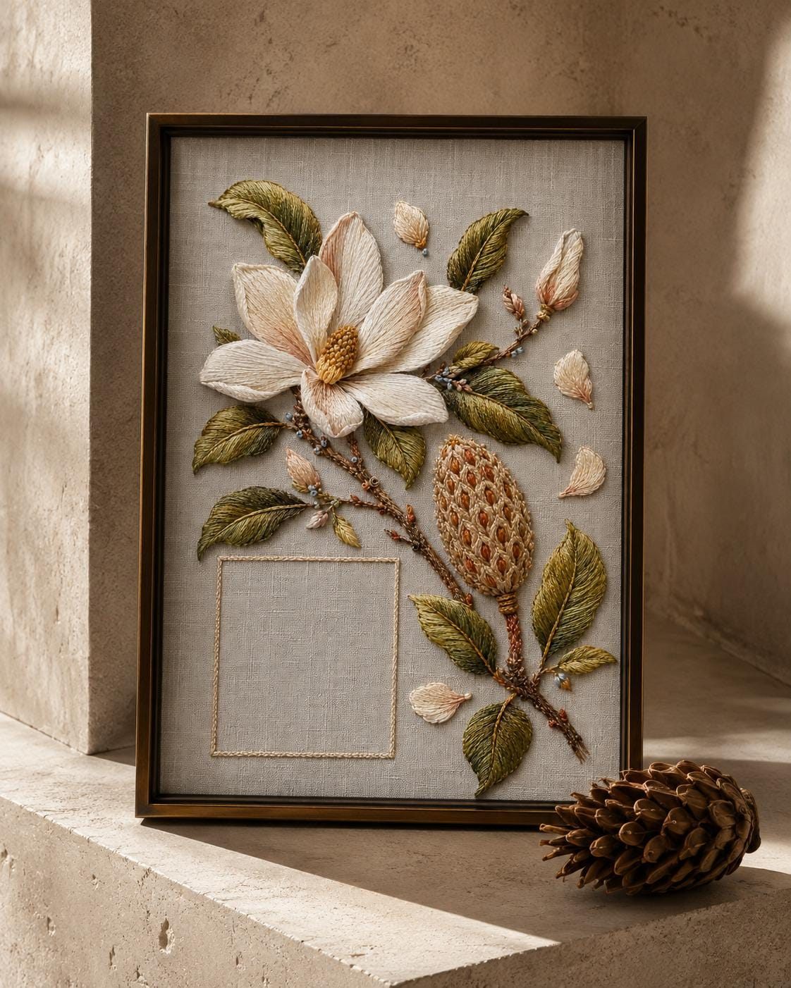 Magnolia Seed Cone Editorial finished design flatlay for the digital hand embroidery pattern and stitch guide