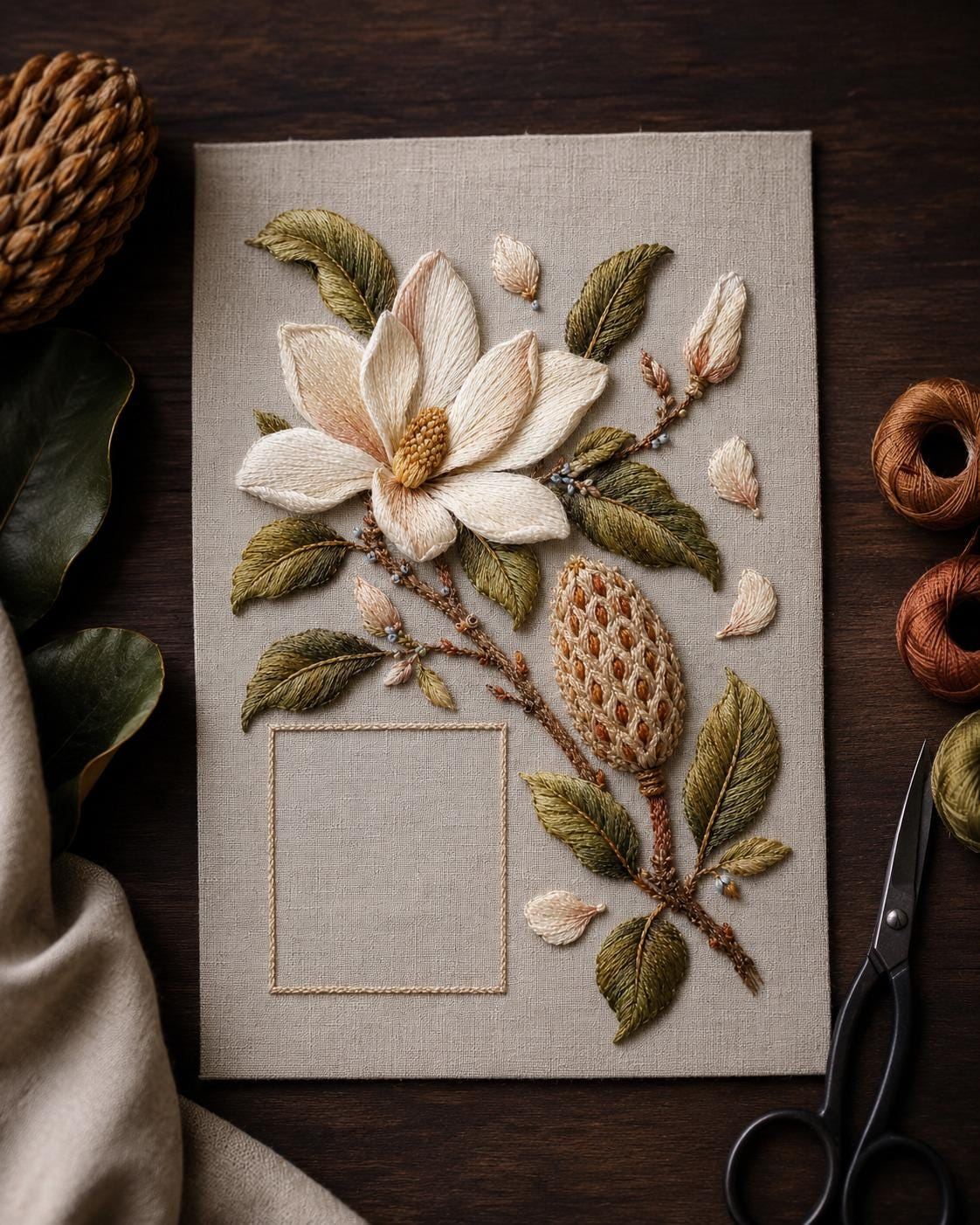 Magnolia Seed Cone Editorial additional project reference for the digital hand embroidery pattern and stitch guide
