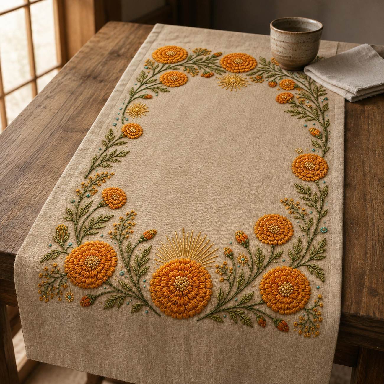 Marigold Sun Border finished hoop hero for the digital hand embroidery pattern and stitch guide