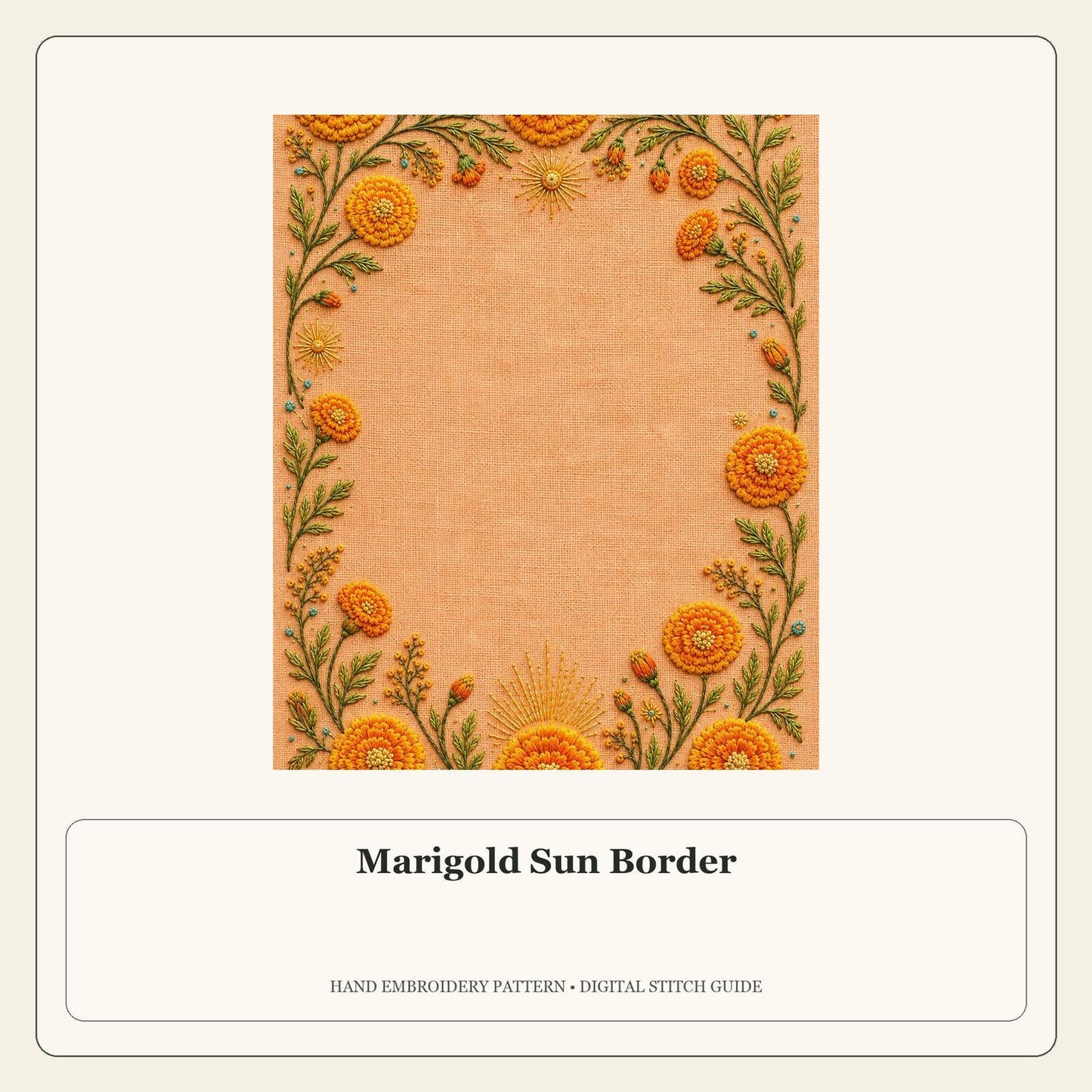 Marigold Sun Border stitch guide cover for the digital hand embroidery pattern and stitch guide
