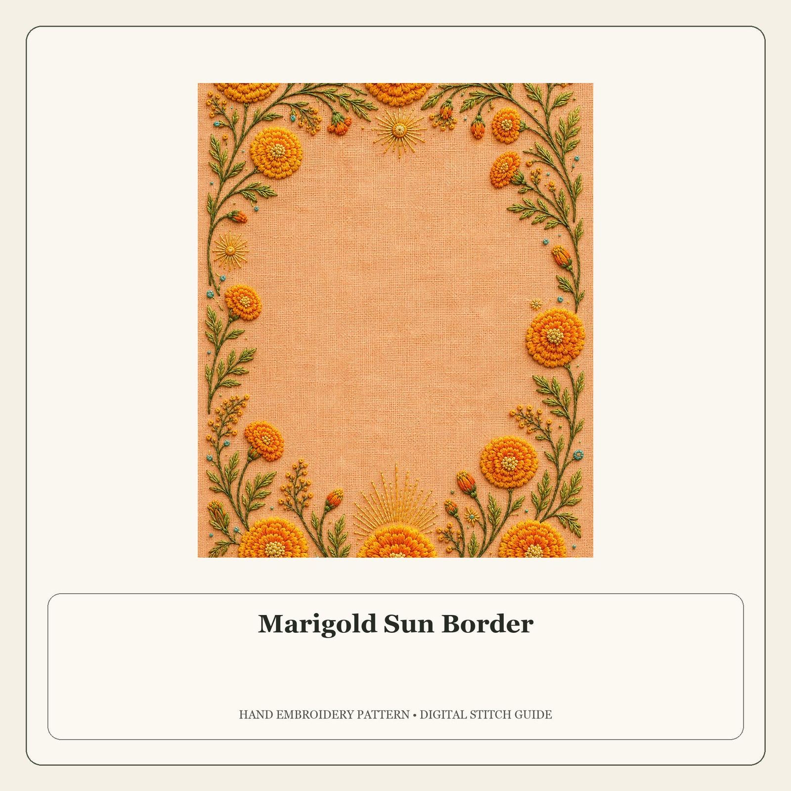 Marigold Sun Border stitch guide cover for the digital hand embroidery pattern and stitch guide