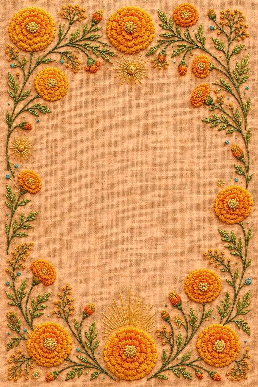 Marigold Sun Border finished embroidery reference for the digital hand embroidery pattern and stitch guide