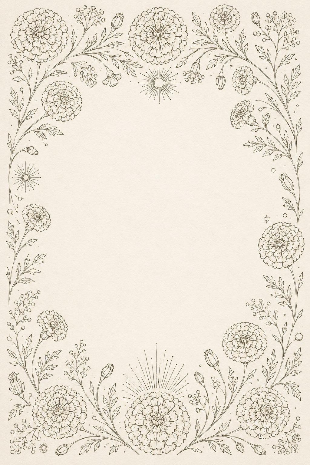 Marigold Sun Border transfer linework preview for the digital hand embroidery pattern and stitch guide