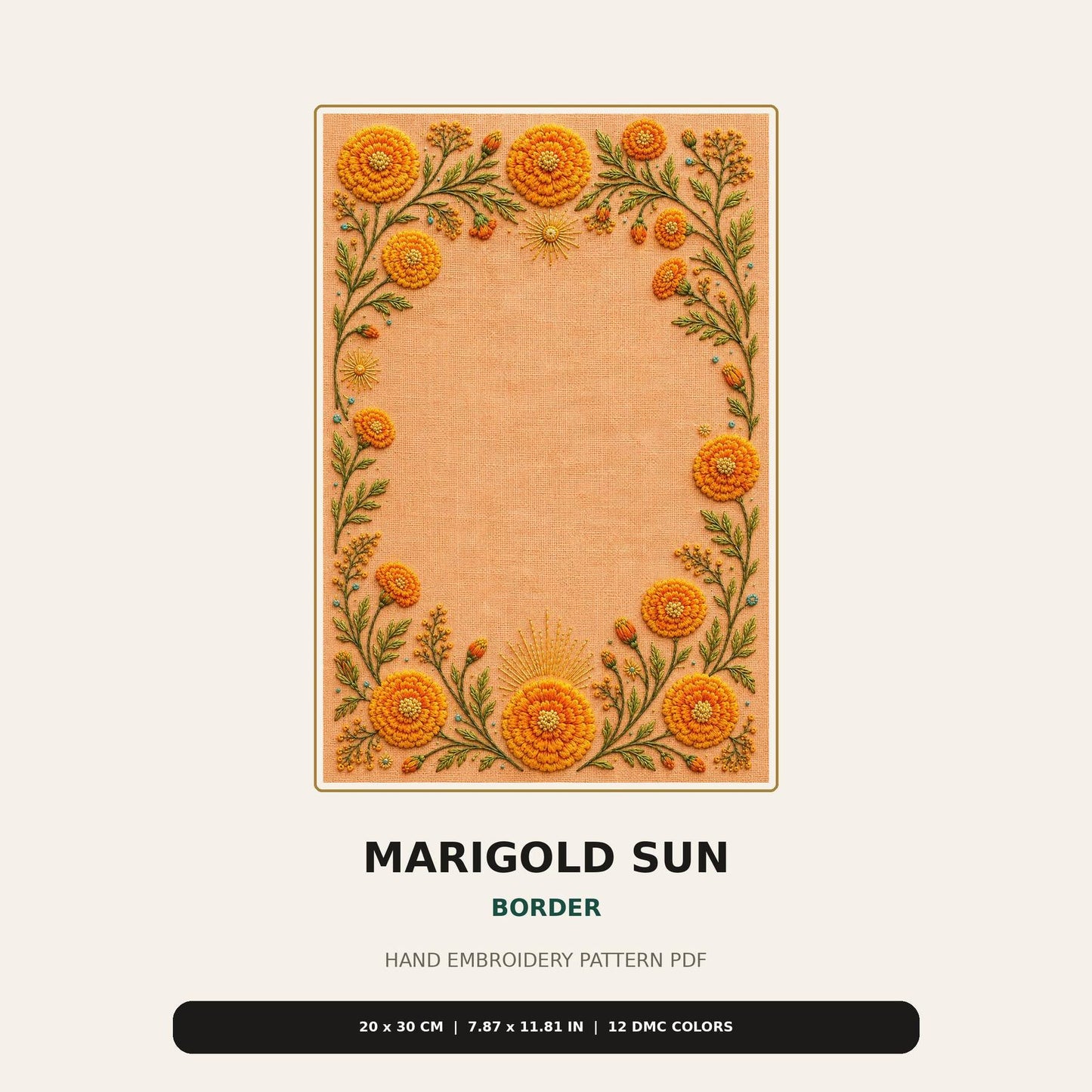 Marigold Sun Border pattern edition overview for the digital hand embroidery pattern and stitch guide