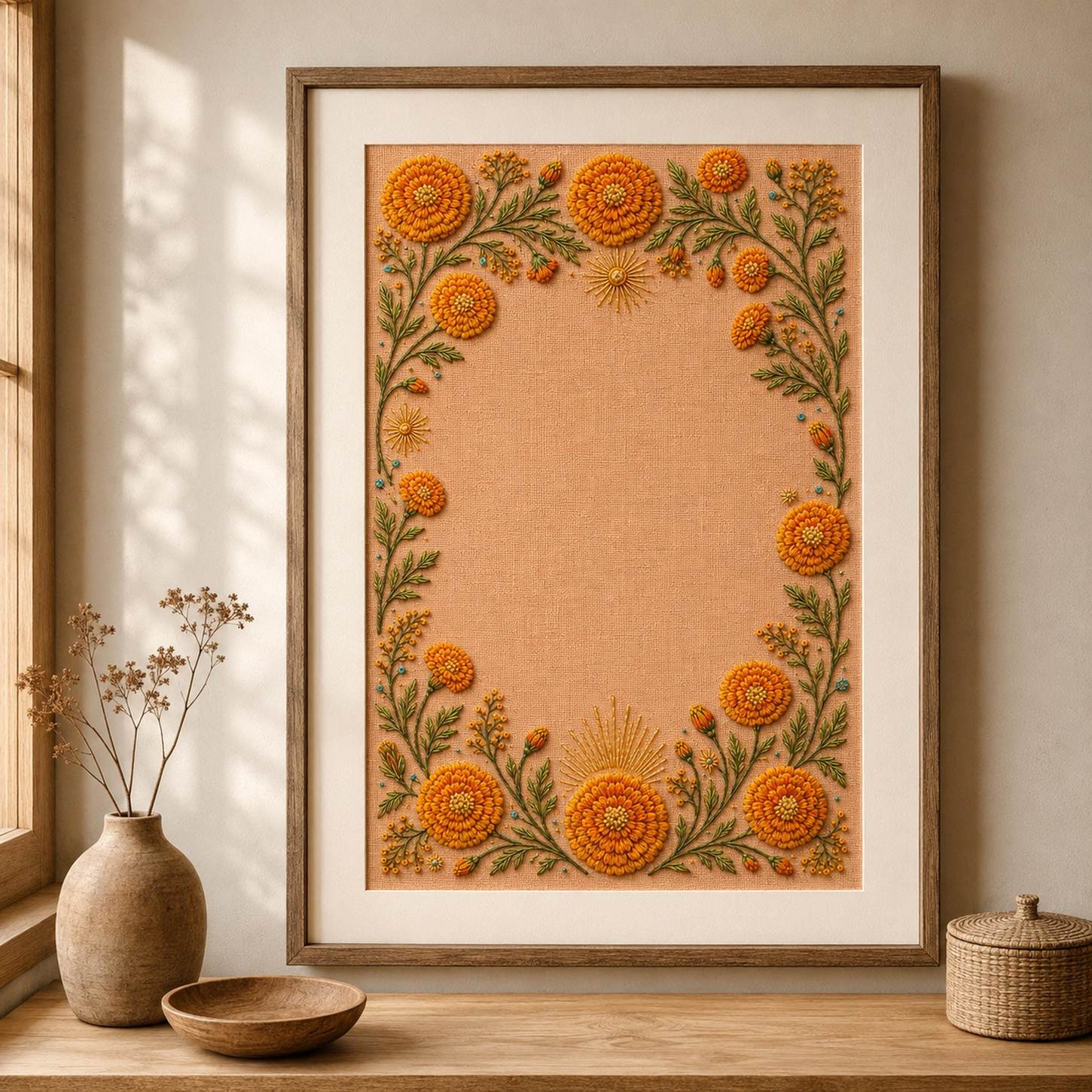 Marigold Sun Border embroidered project idea for the digital hand embroidery pattern and stitch guide