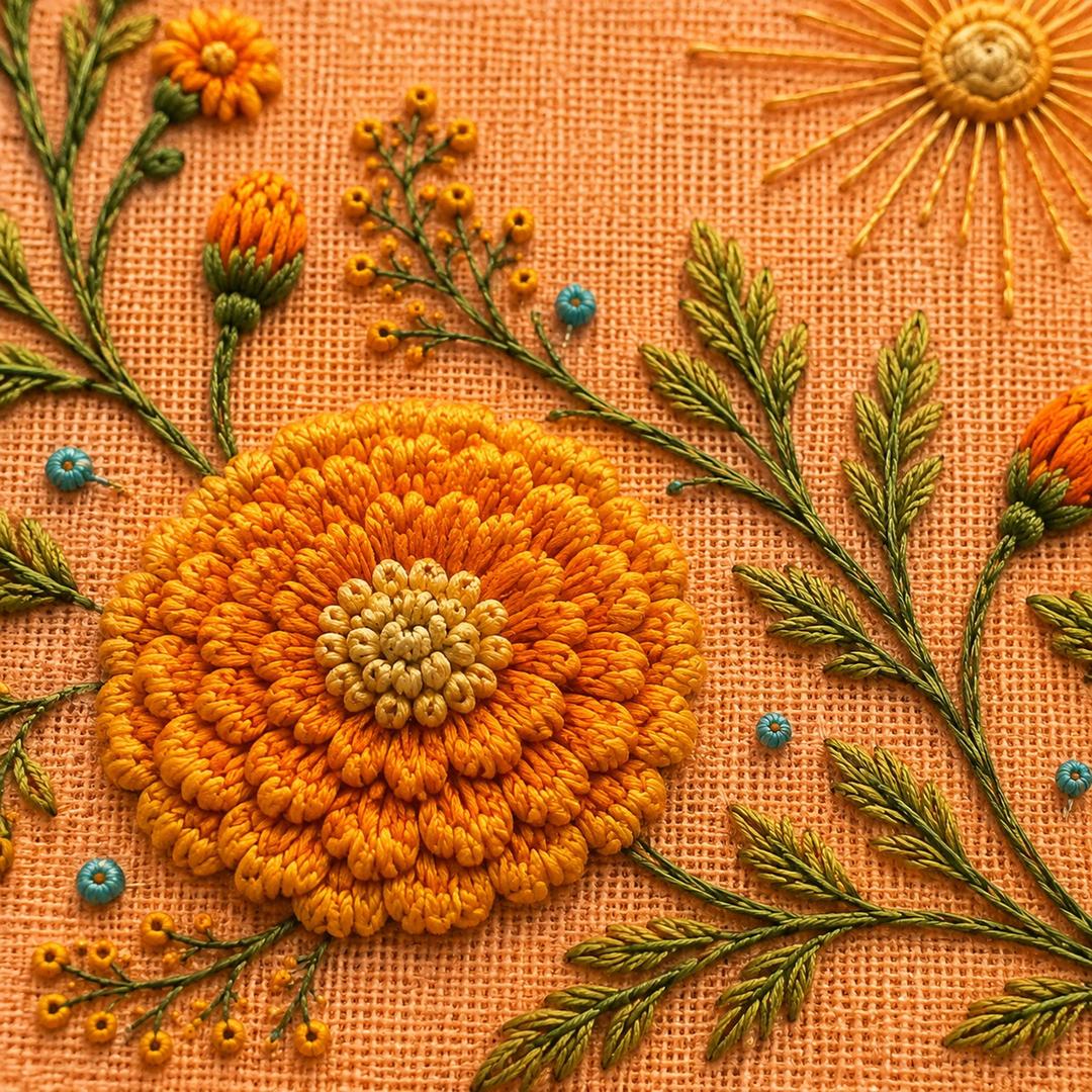 Marigold Sun Border stitch detail closeup for the digital hand embroidery pattern and stitch guide