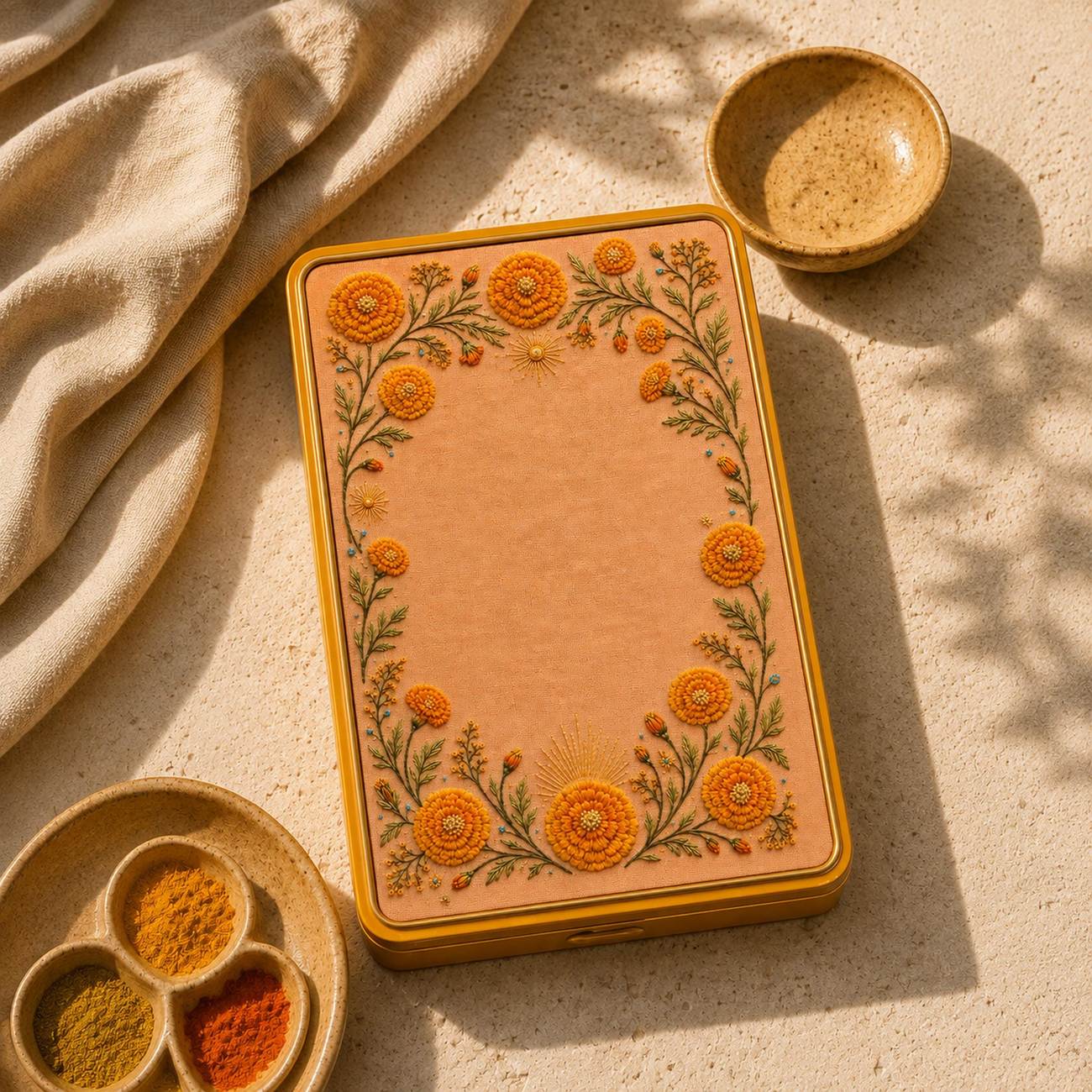 Marigold Sun Border framed textile display for the digital hand embroidery pattern and stitch guide