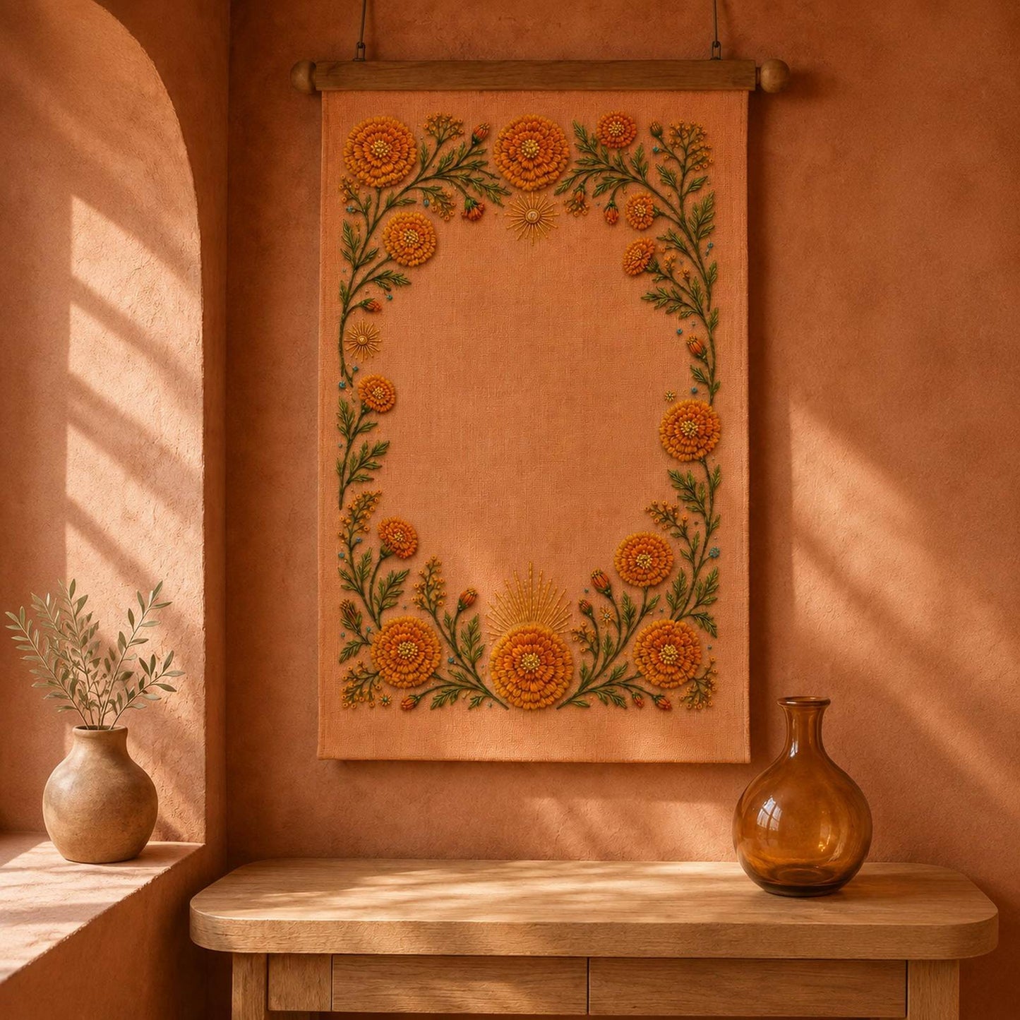 Marigold Sun Border embroidery portfolio display for the digital hand embroidery pattern and stitch guide
