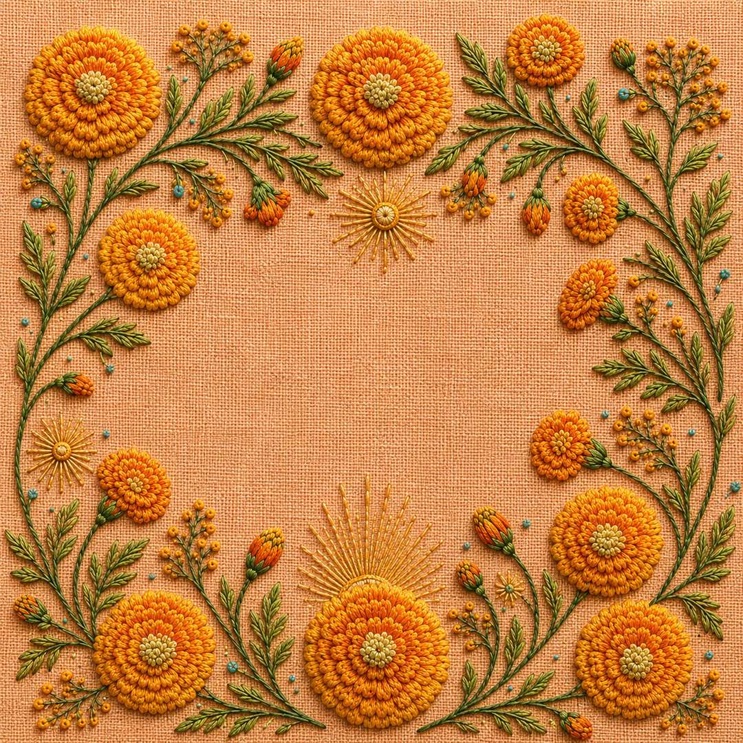 Marigold Sun Border finished design flatlay for the digital hand embroidery pattern and stitch guide