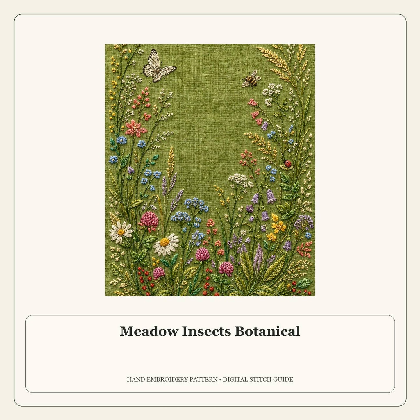 Meadow Insects Botanical stitch guide cover for the digital hand embroidery pattern and stitch guide