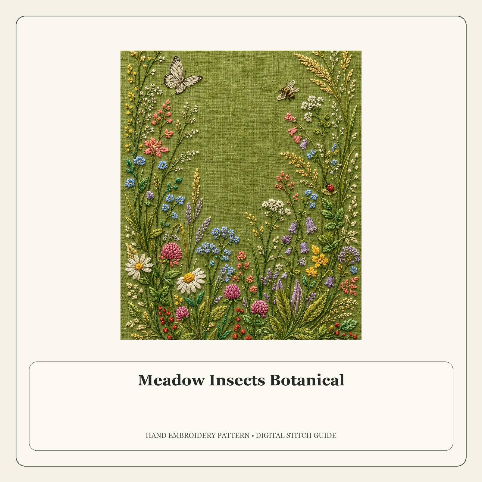Meadow Insects Botanical stitch guide cover for the digital hand embroidery pattern and stitch guide